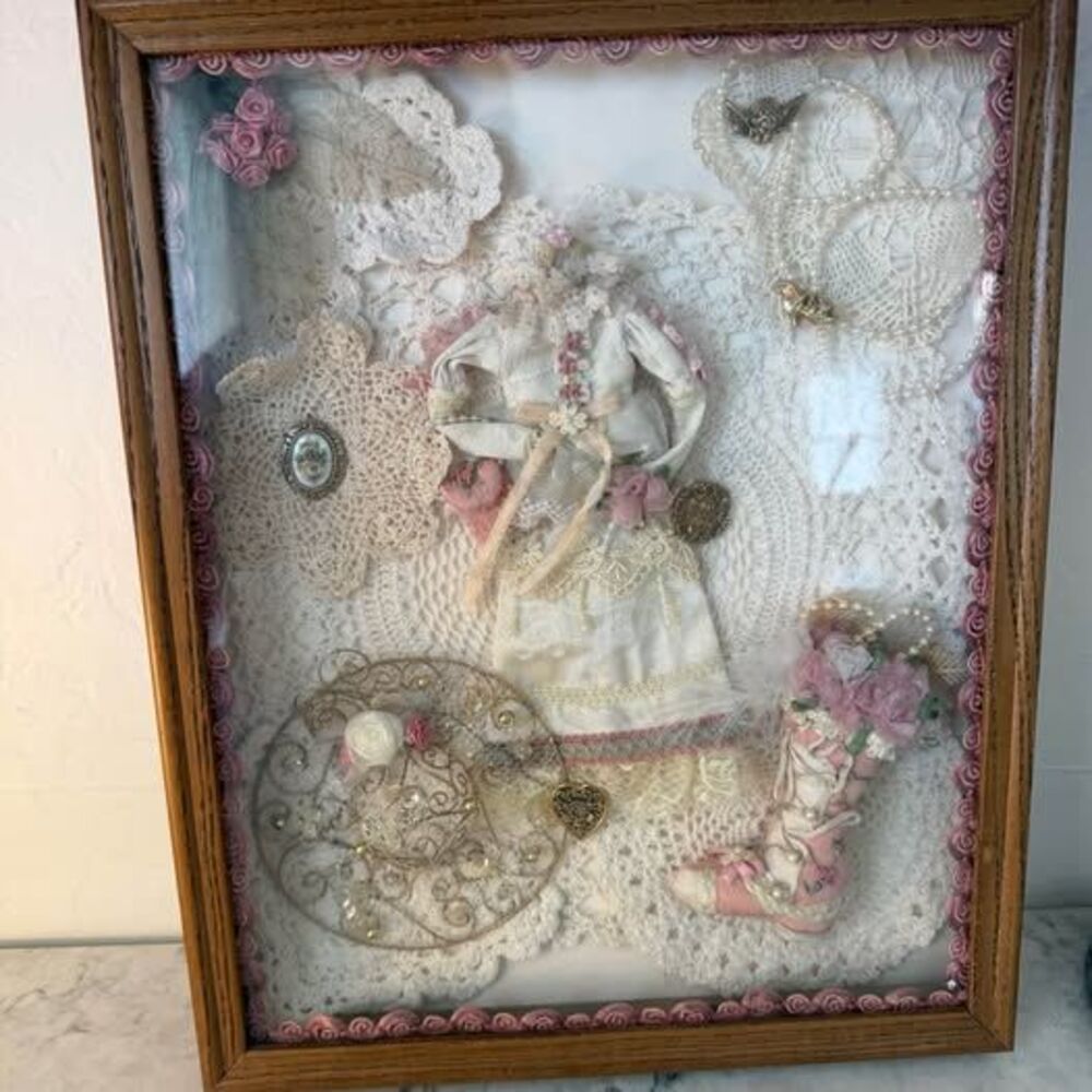 Vintage Shabby Chic Lace Miniature Dress Shadow Box Art 12” x15”
